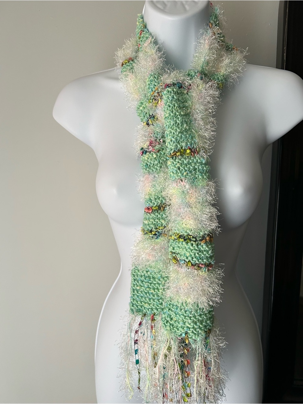 Mint Green Textured Knit Scarf with Multicolor Fringe